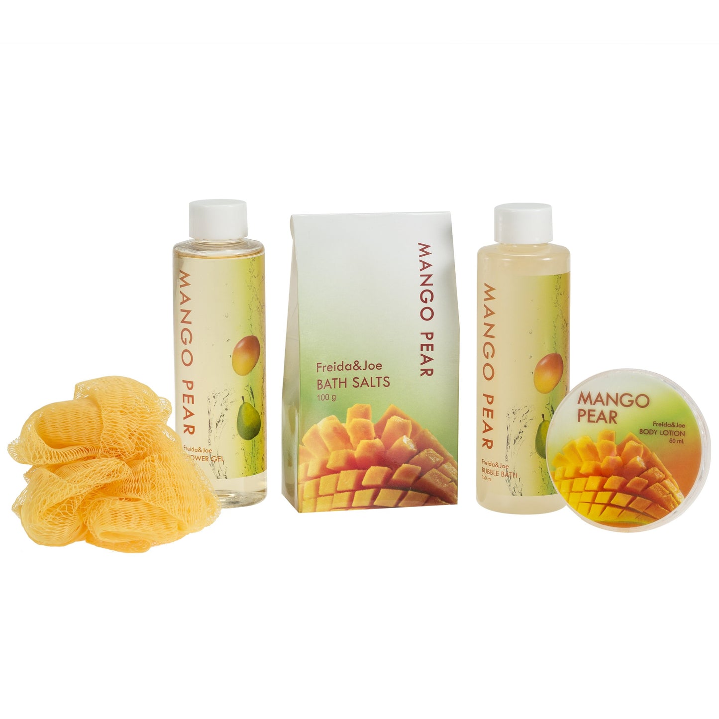 Freida and Joe Tropical Mango Pear Fragrance Spa Set for Women - Bath & Body Set in Stylish Orange Tub - Gift Ready with Shower Gel, Body Lotion, Bubble Bath, Bath Salts, and Bath Puff