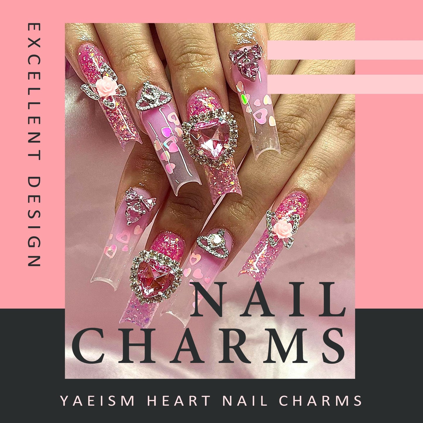 YAEISM 30PCS Nail Art Charms Kits Crystal Heart Nail Charms Pink Valentines Nail Charms 3D Star Nail Charm Shiny Flatback Diamond Nail Rhinestones with Nail Glue+Picker Pencil+Tweezer for Women