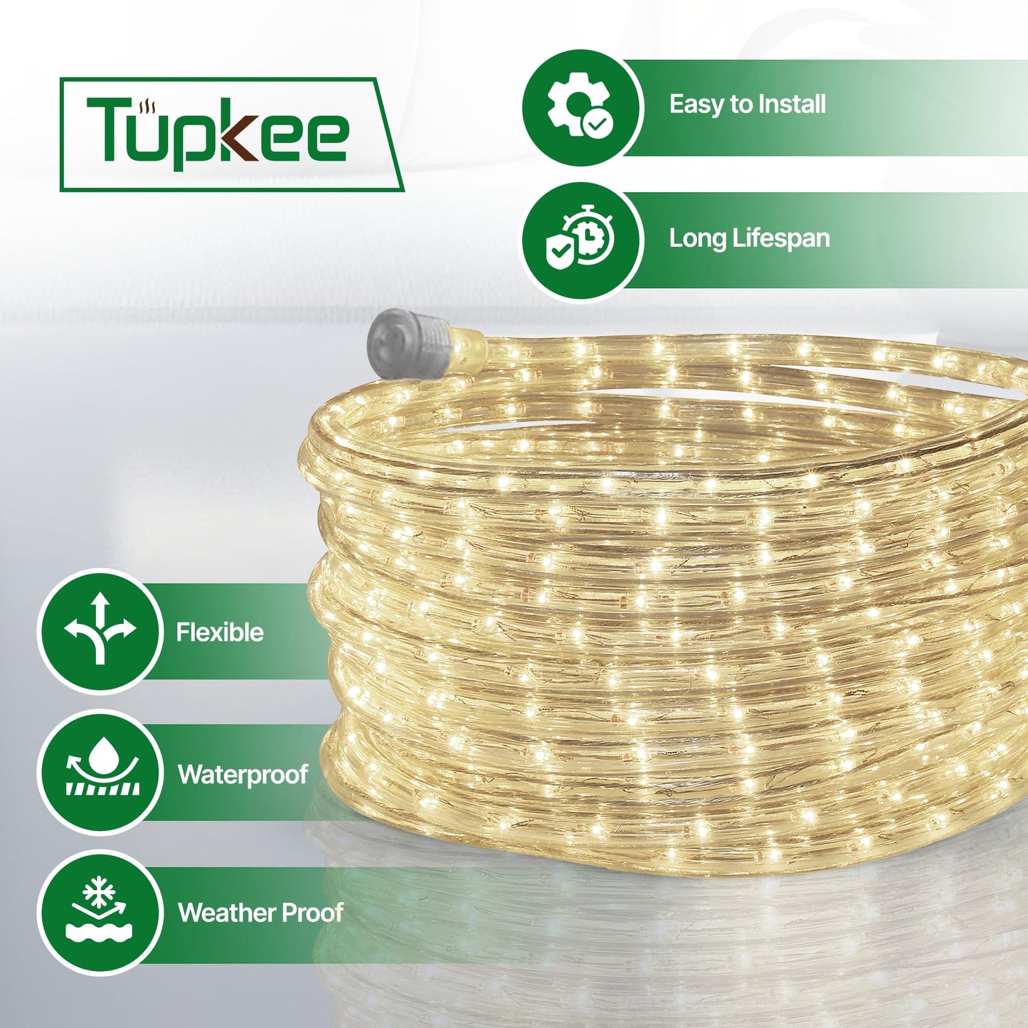 Tupkee LED Rope Light Warm-White - 24 Feet (7.3 m), for Indoor and Outdoor use - 10MM Diameter - 144 LED Long Life Bulbs Decorative Rope Tube Lights