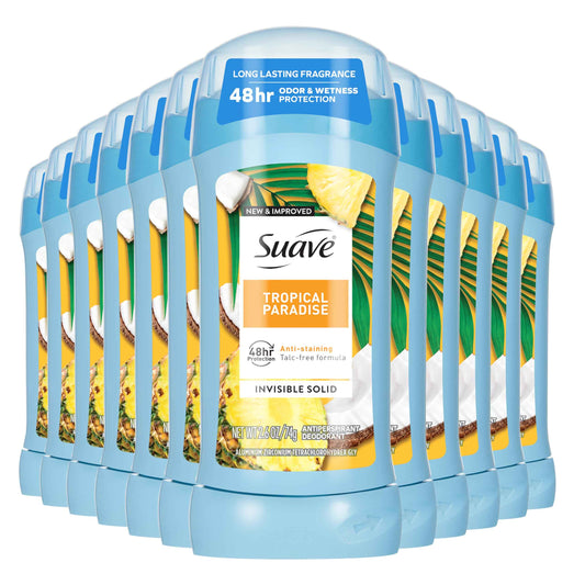 Suave Antiperspirant Deodorant For Women, Invisible, Underarm Deodorant, 48hr Odor & Wetness Protection, Long Lasting Tropical Fragrance, Sensitive Skin Deodorant Solid Stick, 2.6 oz (12 Bulk Pack)