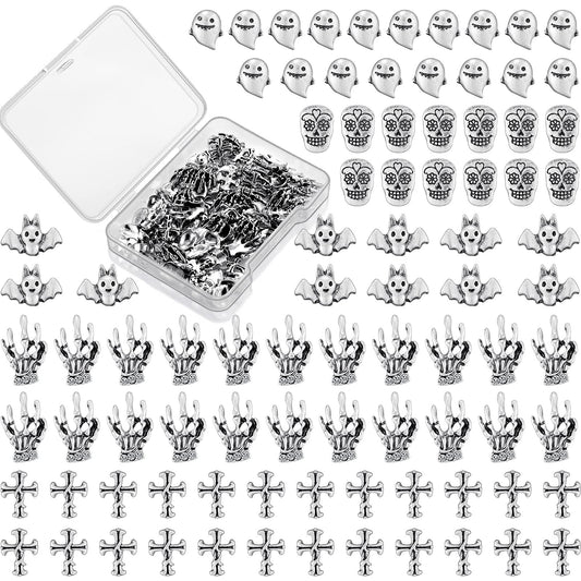 Leelosp 100 Pieces Halloween 3D Nail Charms Skull Ghost Bat Skeleton Punk Hand Shape Nail Charms Metal Alloy 3D Vintage Nail Decor for DIY Nail Tip Cellphone Crafts(Retro Silver)