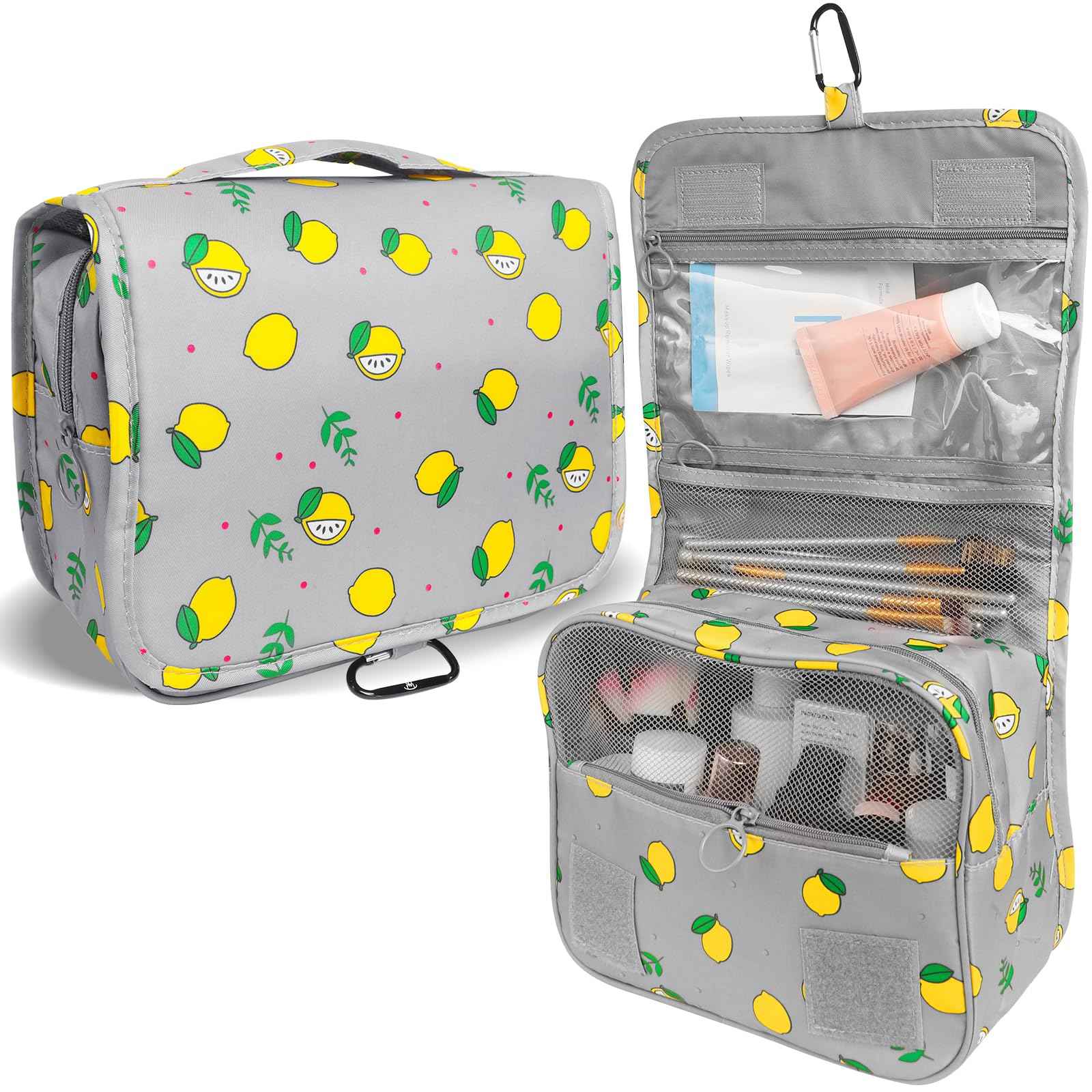 LAKIBOLE Travel Essentials Organizer Bag for Women Toiletry Bag Hanging Multifunction Cosmetic Bag Portable Makeup Pouch Waterproof (Grey & Lemon)