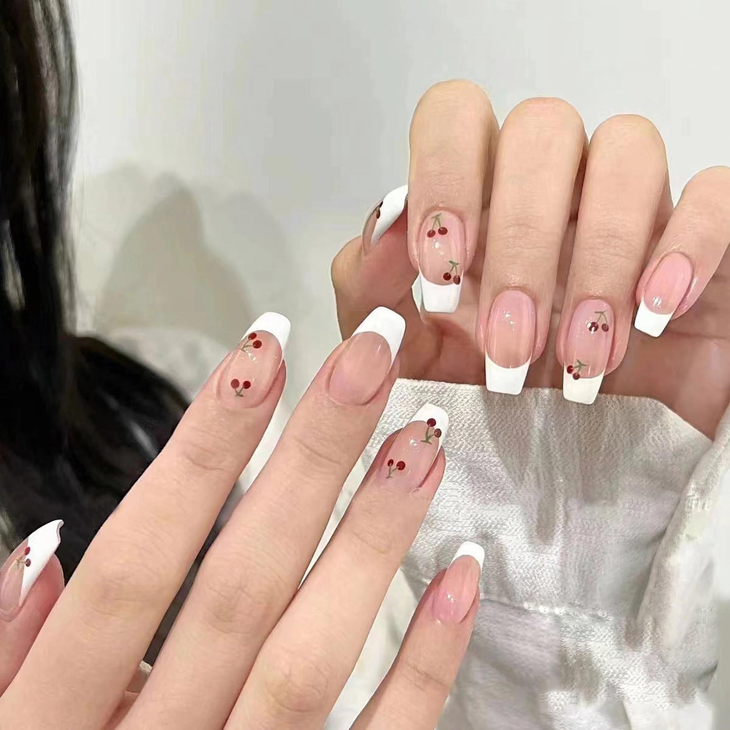 MERVF Coffin Press on Nails Medium Fake Nails Press ons White French Tip Glue on Nails with Cherry Design Cute Ballerina Acrylic False Nails Glossy 24pcs