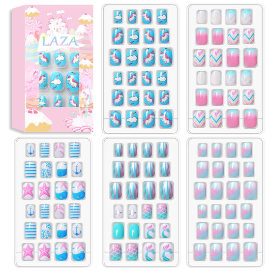 Laza 120pcs Children Nails Press On Pre-glue Full Cover Nail Tips Kit Glitter Gradient Color Rainbow Short Artificial False Nail Kits Lovely Christmas Gift for Children Kids Girls - Ocean Seashell