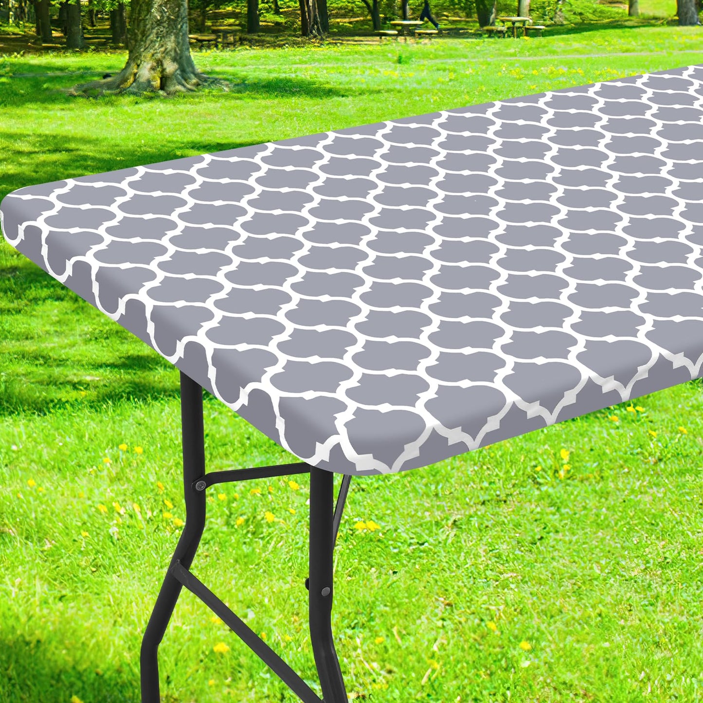 smiry Rectangle Picnic Tablecloth, Waterproof Elastic Fitted Table Covers for 4 Foot Tables, Wipeable Flannel Backed Vinyl Tablecloths for Camping, Indoor, Outdoor (Grey Morocco, 30x48 Inches)