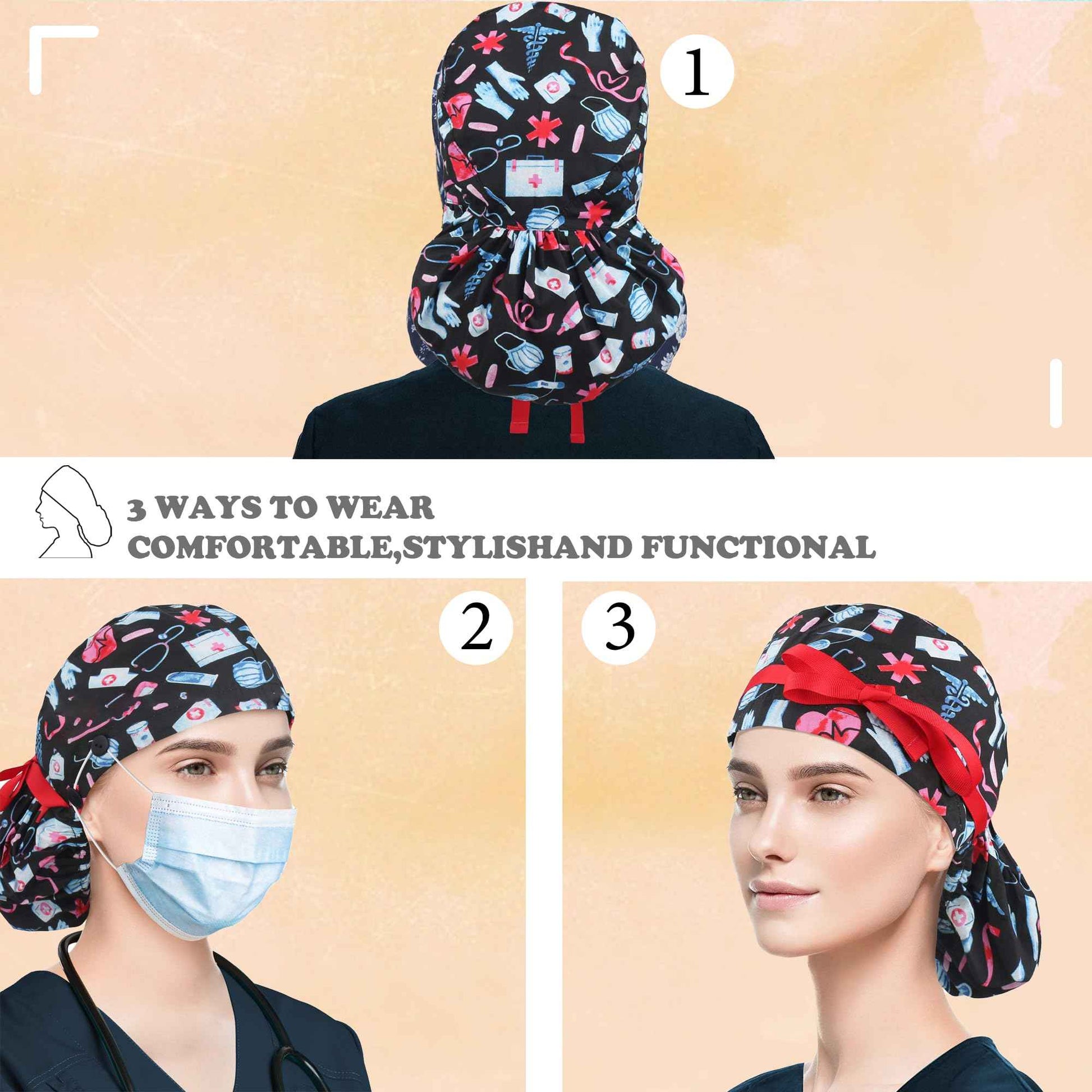 Purefitinsoles Scrub Caps for Women Surgical Nurse Hat with Button Bouffant Ponytail Holder Hair Nets Single or Satin-Lined