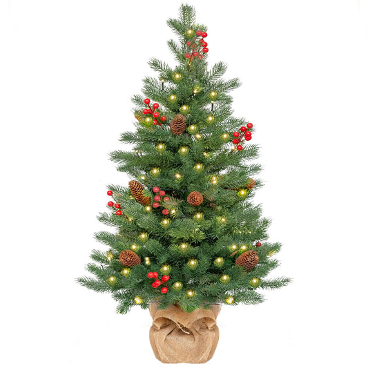 ENVEN 3FT Pre-Lit Artificial Mini Christmas Tree with 70 LED Lights and Realistic Nordic Spruce with Pine Cones Red Berries Solid Cement Burlap Base Basin