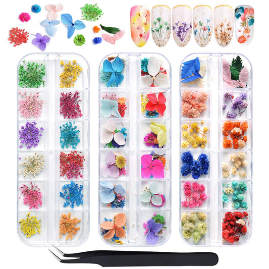 EBANKU 132PCS 3D Dried Flowers Nail Art, 3 Boxes Colorful Dried Gypsophila Daisy Hydrangea Flowers Nail Art Stickers Decoration and 1 tip Tweezers, 3D Nail Decoration for UV Gel/Acrylic Nail Design