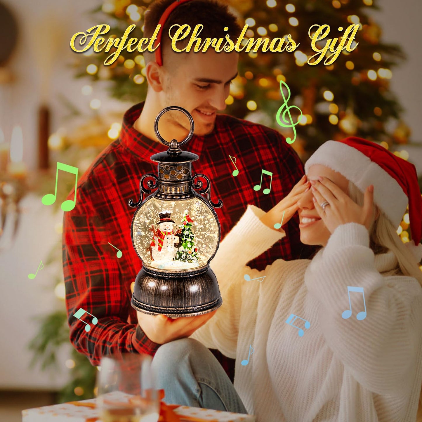 Christmas Snow Globes, Glittering Christmas Music Box Snowman Christmas Trees with 8 Songs & 6H Timer, USB Powered & Battery Operated Christmas Lanterns for Indoor Holiday Table Party Gifts