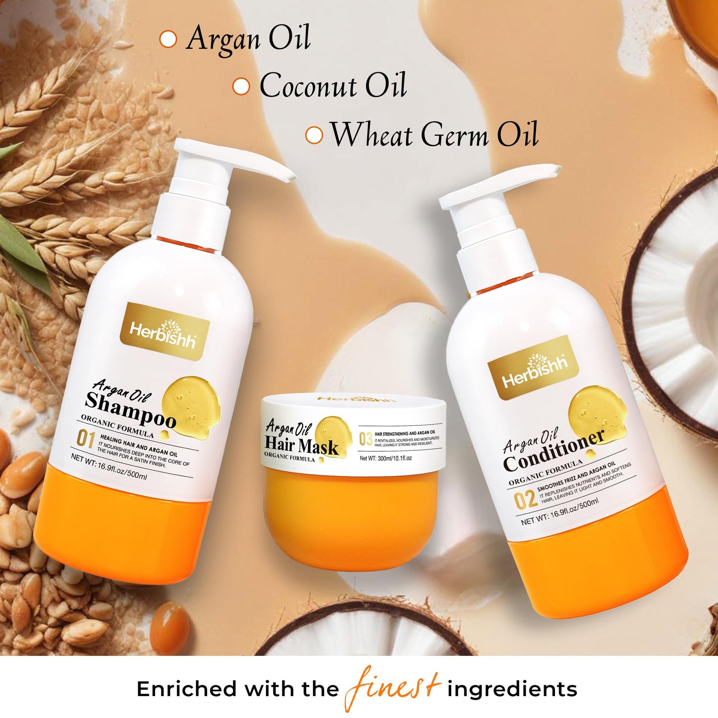 Herbishh Moroccan Argan Oil Shampoo and Conditioner Set with Hair Mask, Moisturizing & Deep Cleansing Kit For Dry, Damaged, Frizzy Hair, Color Safe & UV Protection 16.9fl.oz + 16.9fl.oz + 10.1 fl.oz