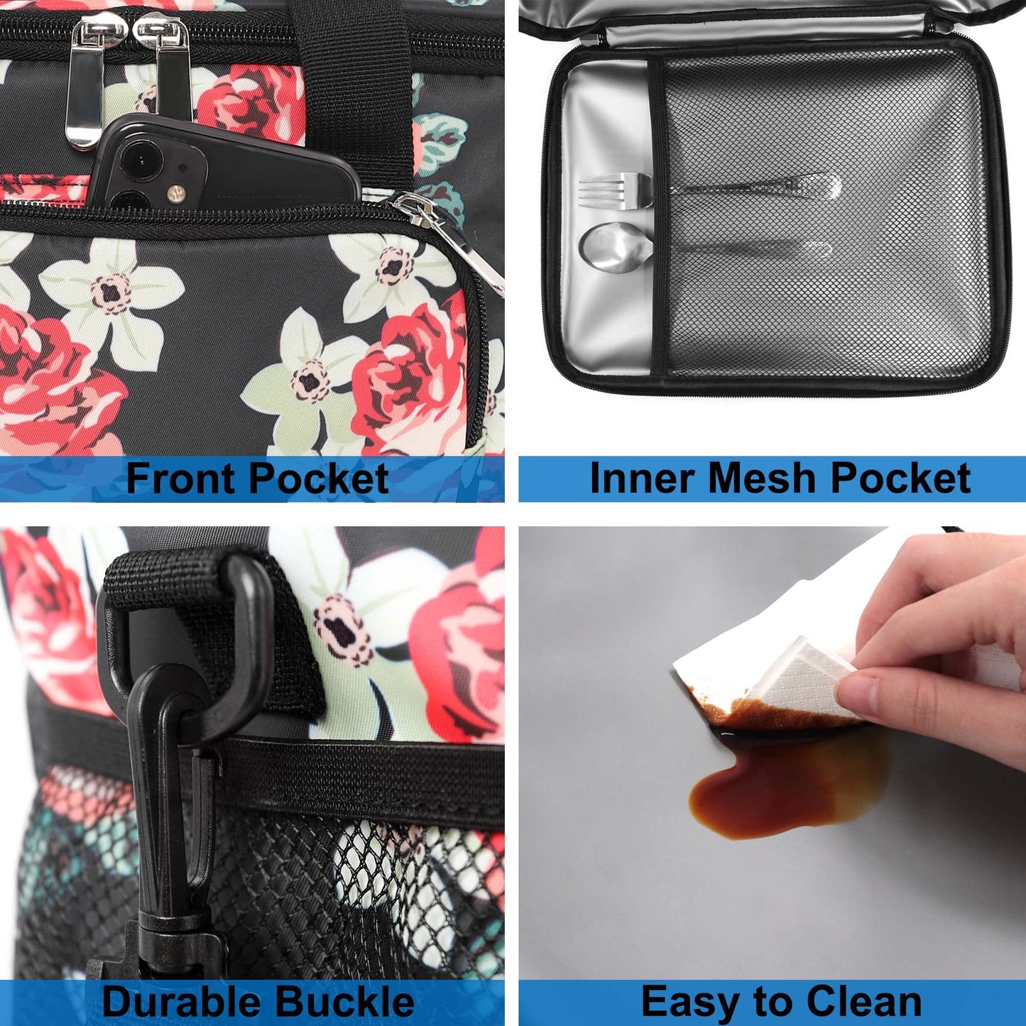 Femuar Lunch Bags for Women/Men, Insulated Lunch Bag for Work Office Picnic - Lunch Cooler Bag Leakproof Lunch Box with Adjustable Shoulder Strap - Black Floral