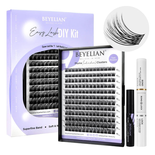 BEYELIAN DIY Lash Extension Kit, Cluster Lashes Kit with 168 Pcs D+ Lash Clusters, Lash Bond and Seal, Lash Remover and Eyelash Applicator for Beginner DIY at Home Clear Band