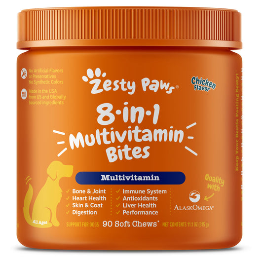 Zesty Paws Multivitamin Treats for Dogs - Glucosamine Chondroitin for Joint Support + Digestive Enzymes & Probiotics - Grain Free Dog Vitamin for Skin & Coat + Immune Health - Chicken Flavor - 90ct