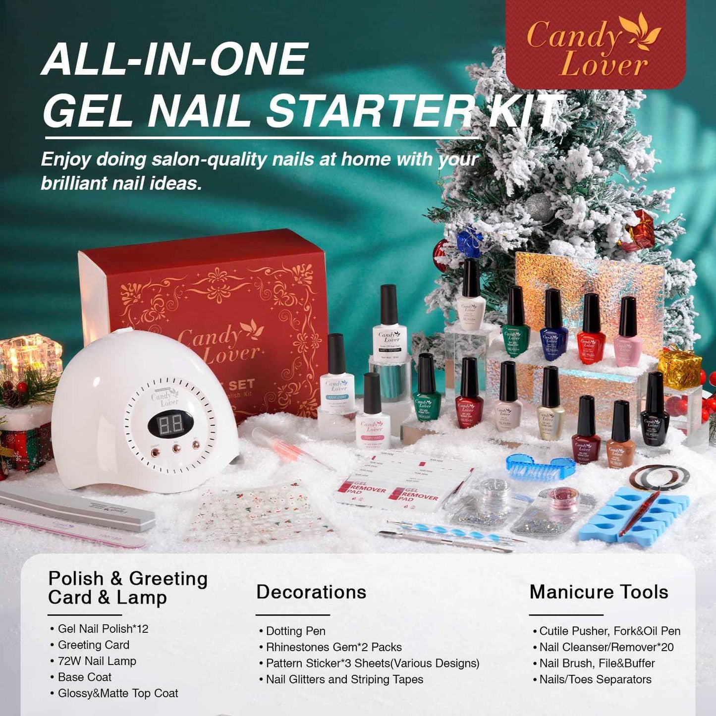 Candy Lover Christmas Gel Nail Polish Kit with U V light - 12 Xmas Colors Gel Polish with 72W Nail Lamp Base Top Coat Gel Nail Kit for Beginners with Everything Manicure Kit for Women Teen Girl Gifts