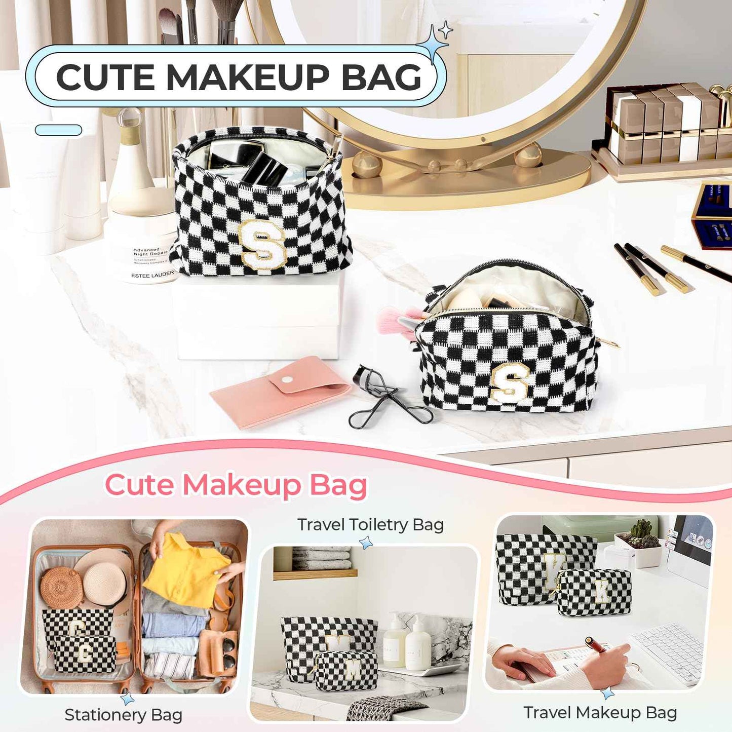 Silongder 2PCS Checkered Makeup Bag for Women Personalized Initial Letter Makeup Bag Travel Toiletry Bag Organizer Cute Makeup Brushes Storage Bag Mother's Day Birthday Gift for Women (Black S)