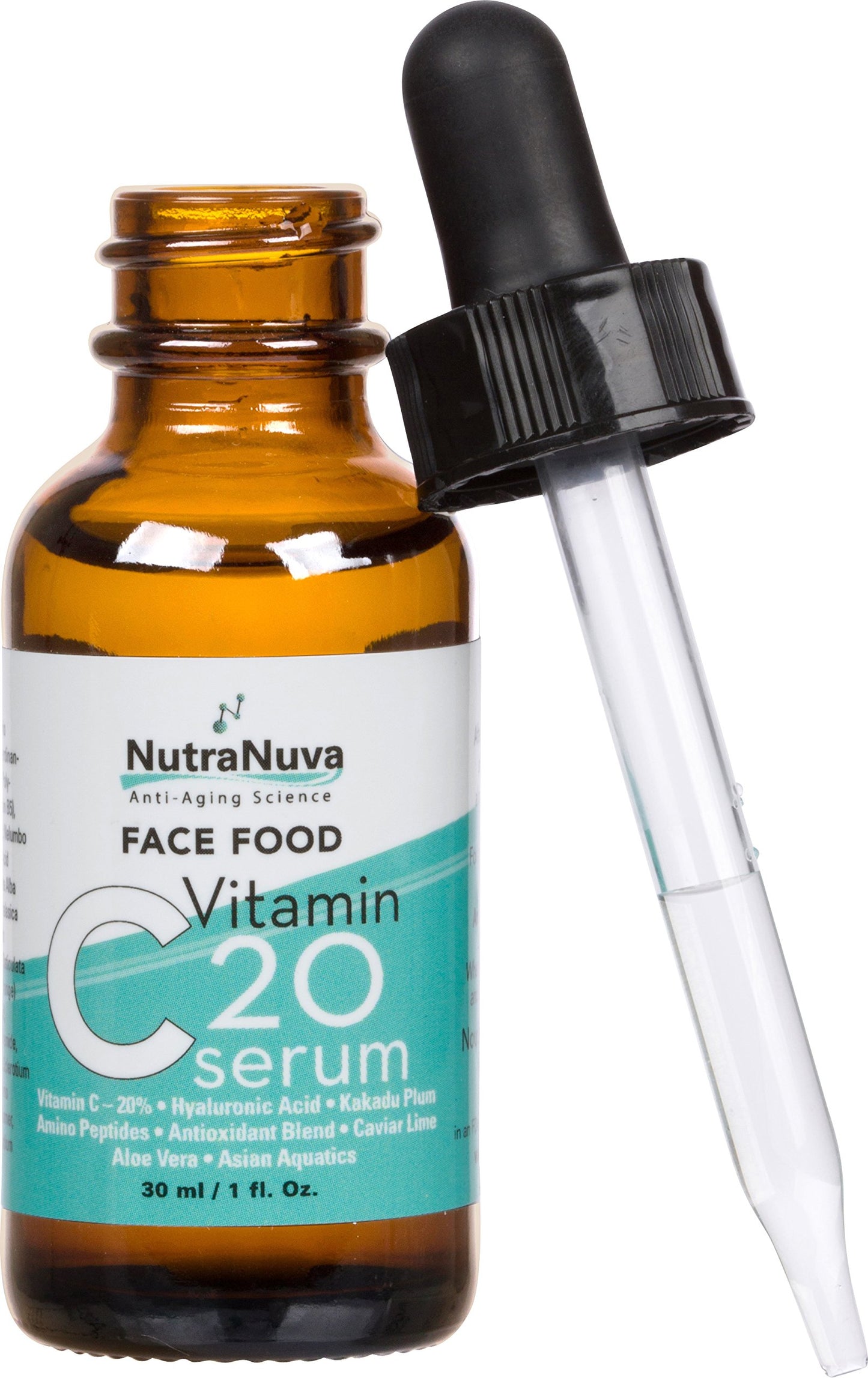 NutraNuva Face Food Anti Aging Natural 20% Vitamin C Serum Complex VEGAN Formula, Kakadu Plum, Hyaluronic Acid, Peptides, Aquatic Plants, Aloe and more for Wrinkles, Age Spots, Collagen,1 fl. Oz