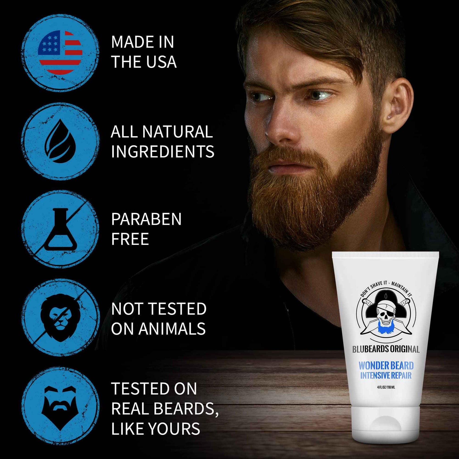 Bluebeards Original Beard Conditioner for Men - 4 oz Wonder Beard Intensive Repair with Meadowfoam Seed Oil & Amino Acids to Deeply Restore, Soften, and Rejuvenate Your Beard and Skin - Made in USA