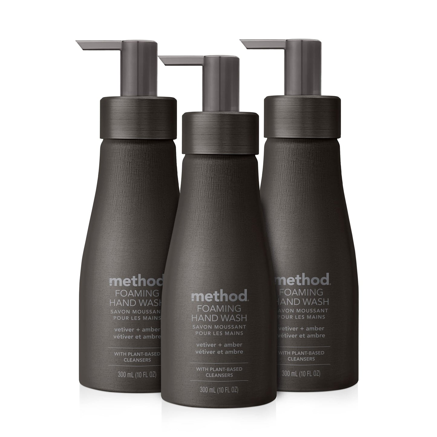 Method Premium Foaming Hand Wash, Vetiver + Amber, Reusable Black Aluminum Bottle, Biodegradable Formula, 10 fl oz (Pack of 3)