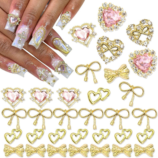 RODAKY 32PCS Gold Nail Charms Bow Nail Gems 3D Heart Nail Art Charm with Pink Rhinestone Cute Shiny Nail Jewelry for Women Manicure Nail Decorations for Nails Art