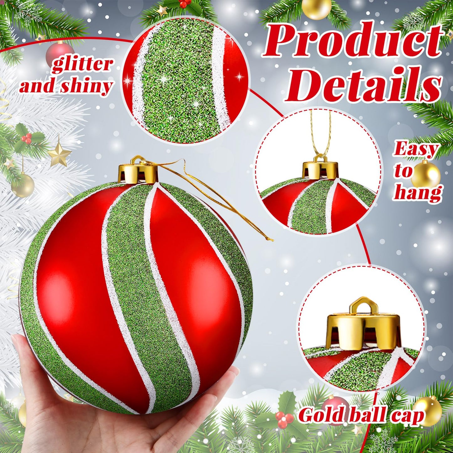 Roundfunny 8 Pcs Christmas Tree Ornaments 6 Inch, Large Glitter Christmas Hanging Balls Red White and Green Shatterproof Plastic Decorative Baubles for Christmas Party Decoration(Lime Green)