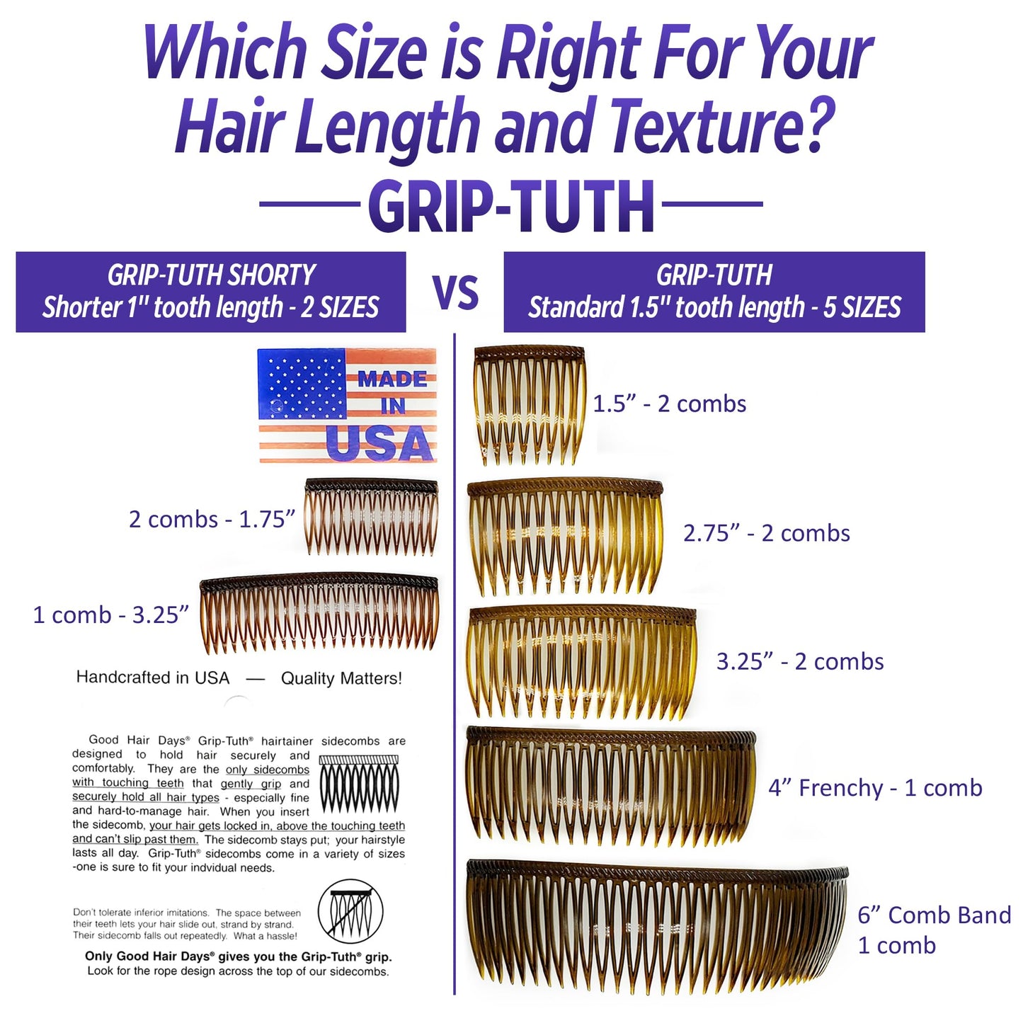 Good Hair Days Grip-Tuth Combs - Set Of 2 Hair Side Combs - Hair Combs For All Types Of Hair - Decorative & Hair Styling Women Accessories (Clear, 1 ½ ″ Wide)