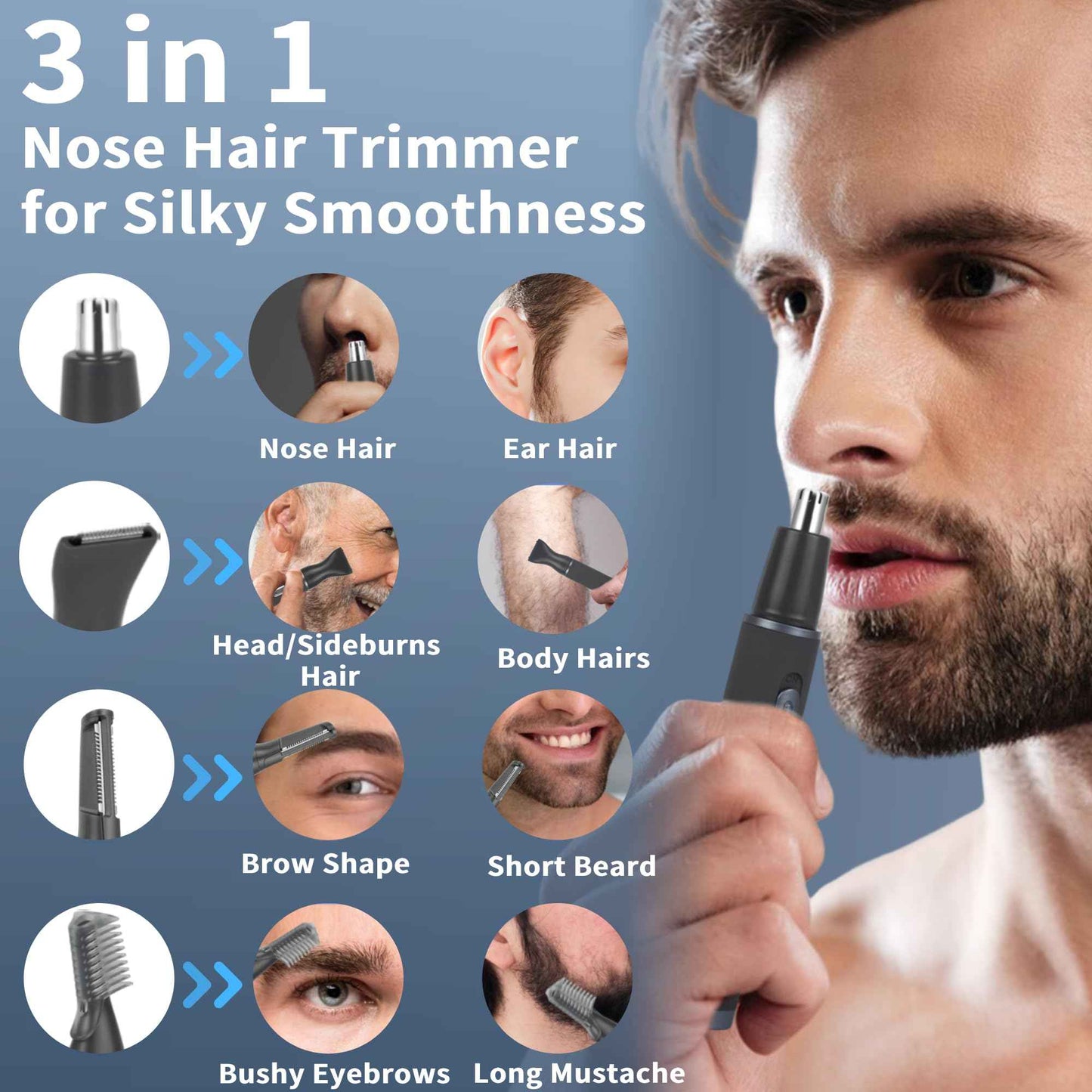 ULAIDO Nose and Ear Hair Trimmer for Men, Rechargeable 3 in 1 Hair Trimmers for Nose Ear Eyebrow & Body Detail Hair Removal, No Pull No Snag Men's Grooming with High Speed, 3 Heads