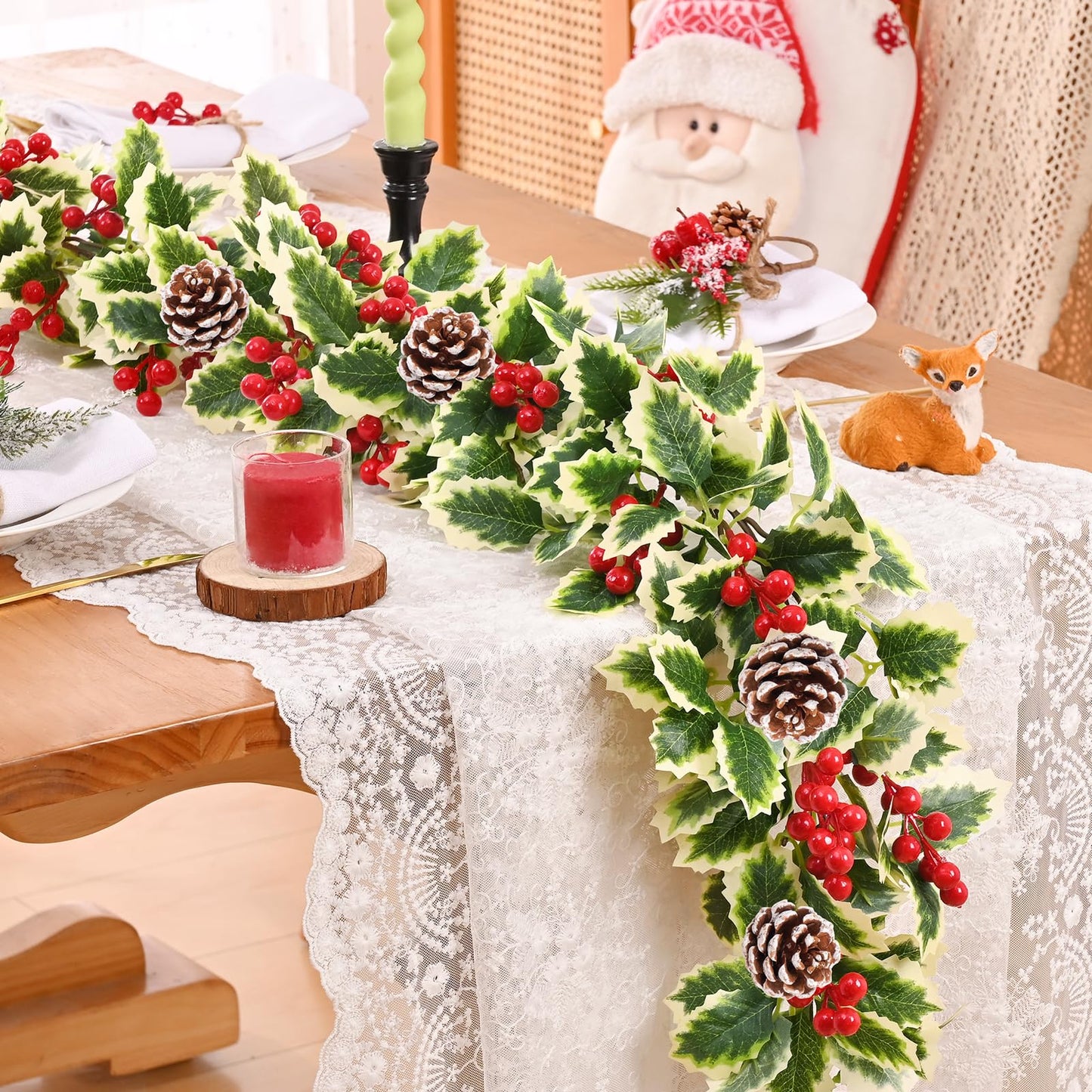 Christmas Garland, 2Pcs Red Berry Garland with Pine Cones, Green Garland Christmas Decorations Indoor, Christmas Tree Garland for Mantle Holly Outdoor Home Table New Year Decor