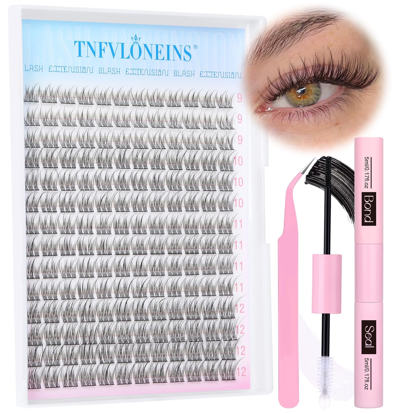 Natural Lash Extension Kit 168Pcs Lash Clusters Kit Wispy Eyelash Extensions 9-12MM Individual Lashes Extensions with Bond and Seal Lash Glue and Eyelash Extension Tweezers DIY at Home by TNFVLONEINS