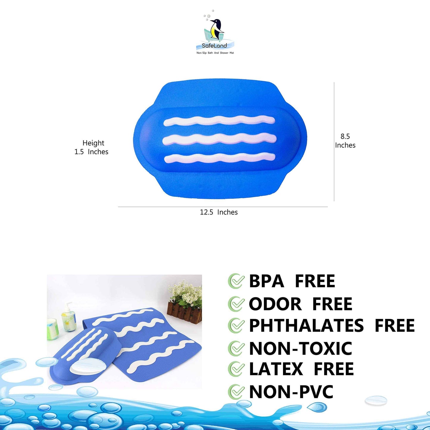 SafeLand Patented Non-Slip Bath Headrest, Pillow, Eco-Friendly, Non-PVC, Color Combo, Machine Washable, Comfortable, Soft, with Powerful Gripping Suction Cups, 13x8.5x1.4 Inch, Wave