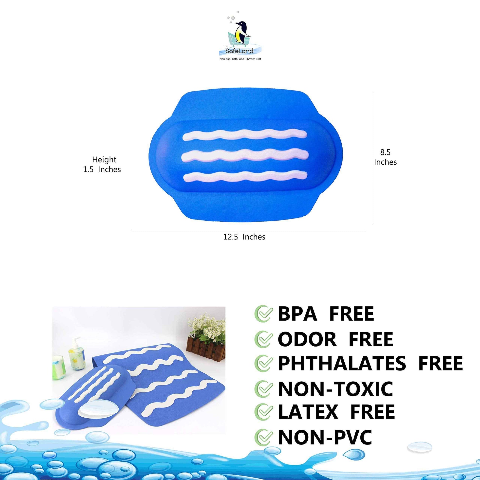 SafeLand Patented Non-Slip Bath Headrest, Pillow, Eco-Friendly, Non-PVC, Color Combo, Machine Washable, Comfortable, Soft, with Powerful Gripping Suction Cups, 13x8.5x1.4 Inch, Wave