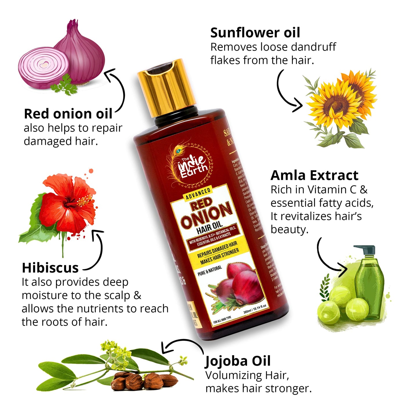 The Indie Earth Advanced Red Onion Oil 300ml, Repairs Damaged Hair - Makes hair Thicker & Stronger