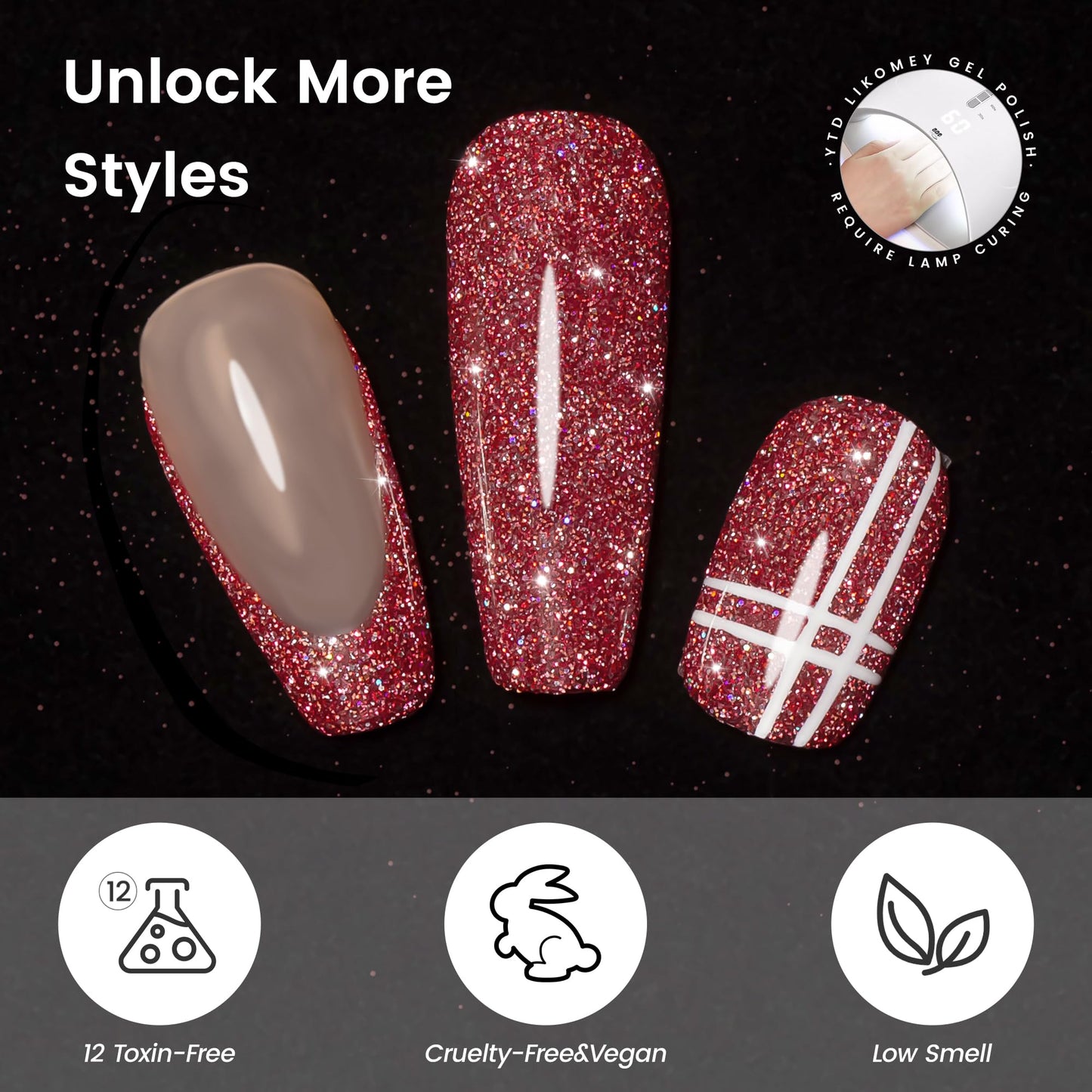 YTD Likomey Colorful Reflective Glitter Gel Nail Polish,15ml Red Flash Diamond Shimmer Nails Gel,Sparkly Shiny Salon Home Nail Art Manicure UV Nail Gel,SZ395