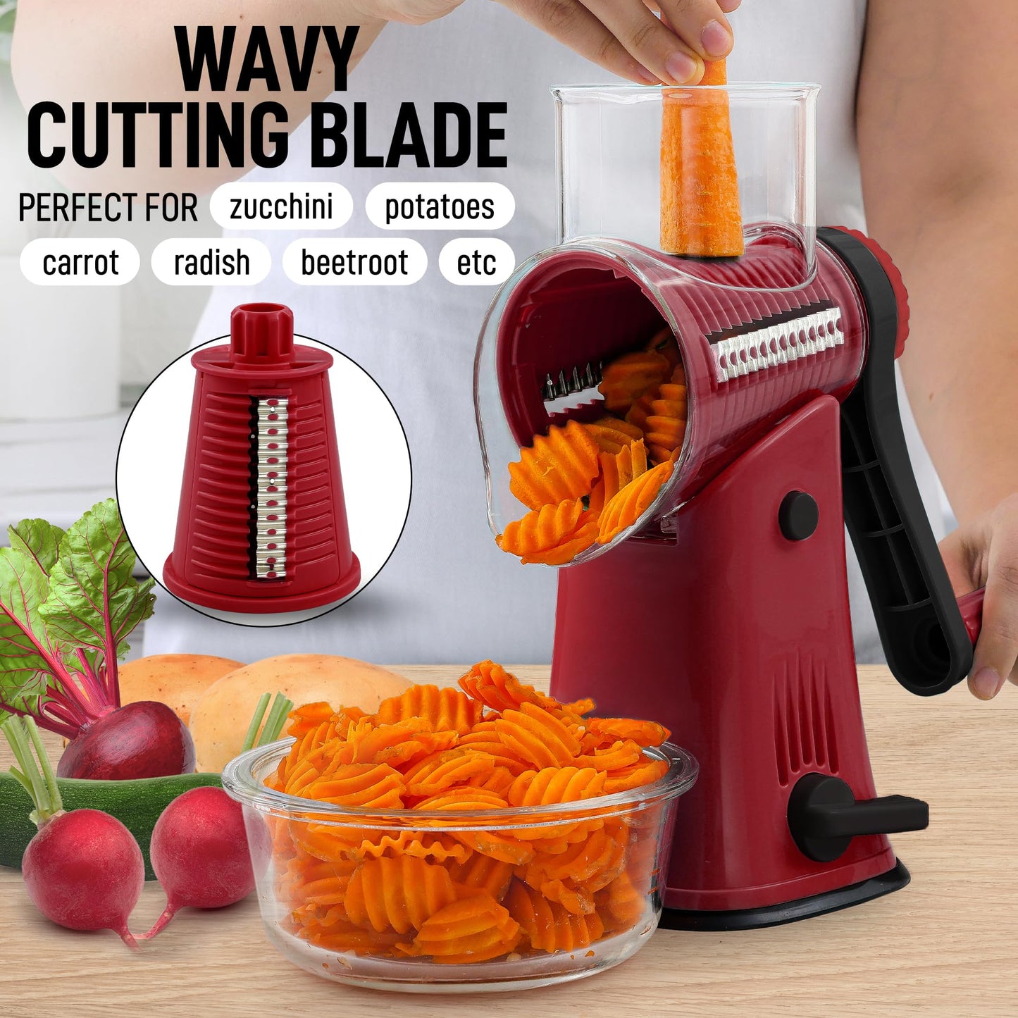 Zulay Rotary Cheese Grater 5 Blade Cheese Shredder - Manual Hand Crank Cheese Grater With Reinforced Suction & 5 Interchangeable Drums - Easy to Use Vegetable Chopper - Deep Maroon