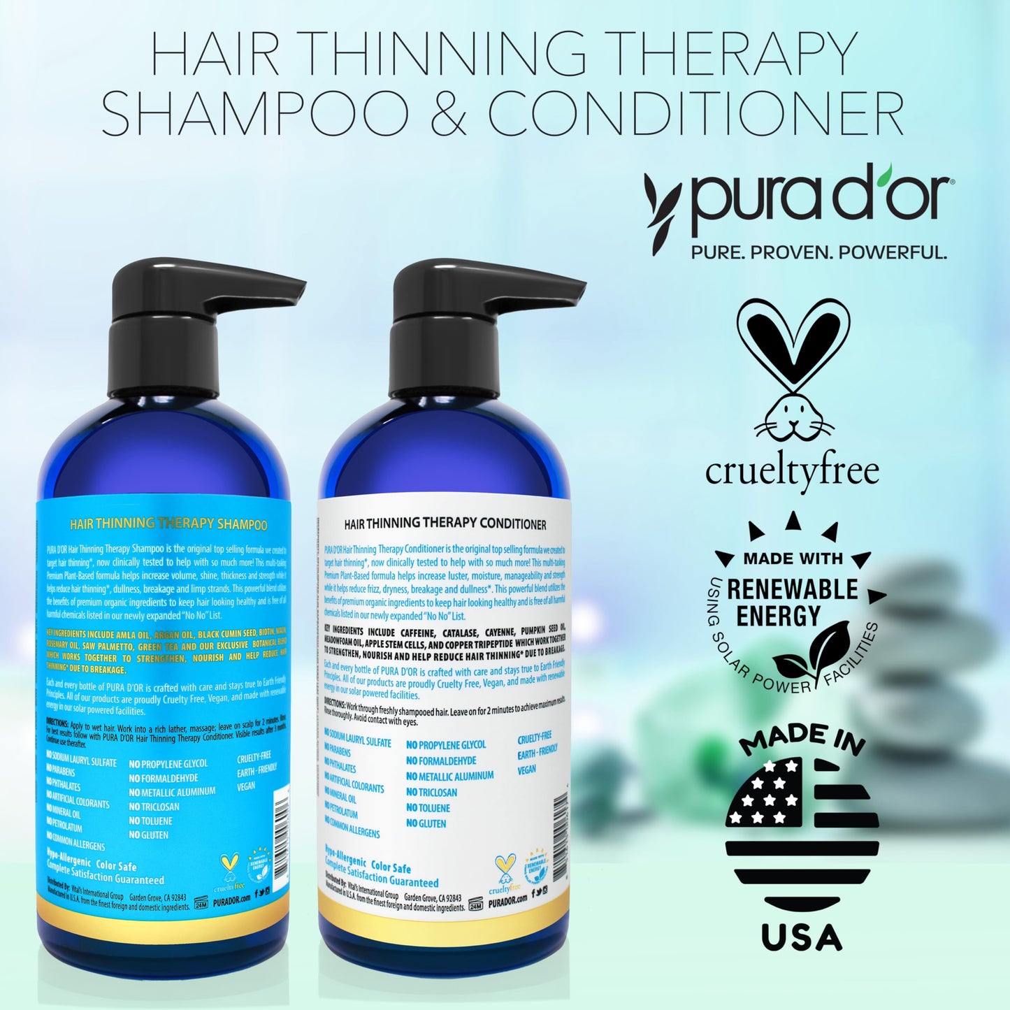 PURA D'OR Hair Thinning Therapy Biotin Shampoo and Conditioner Set, CLINICALLY TESTED Proven Results, DHT Blocker Hair Thickening Products For Women & Men, Natural Routine, Color Safe, 16oz x2