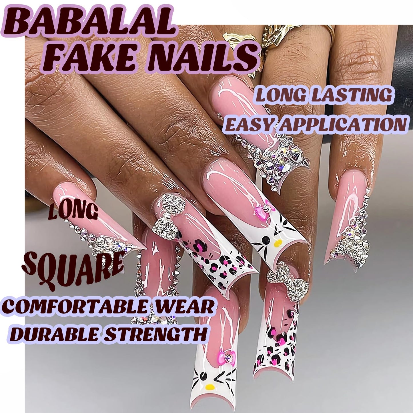 BABALAL Press on Nails Long Square Fake Nails White French Glue ons Nails Y2k Cat and Metallic Bow Charm Design Acrylic Nails 24Pcs Bling Rhinestone Squoval False Nails