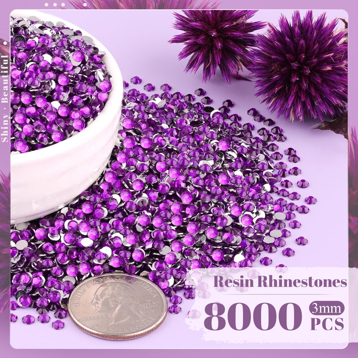 8000PCS 3mm Resin Rhinestones Bulk for Crafting (Dark Violet), Flatback Bedazzling Crystals for Crafts DIY Nail Decoration, Gems Charms for Tumbler Shoes Clothing Fabric with Pickup Pen and Tweezers