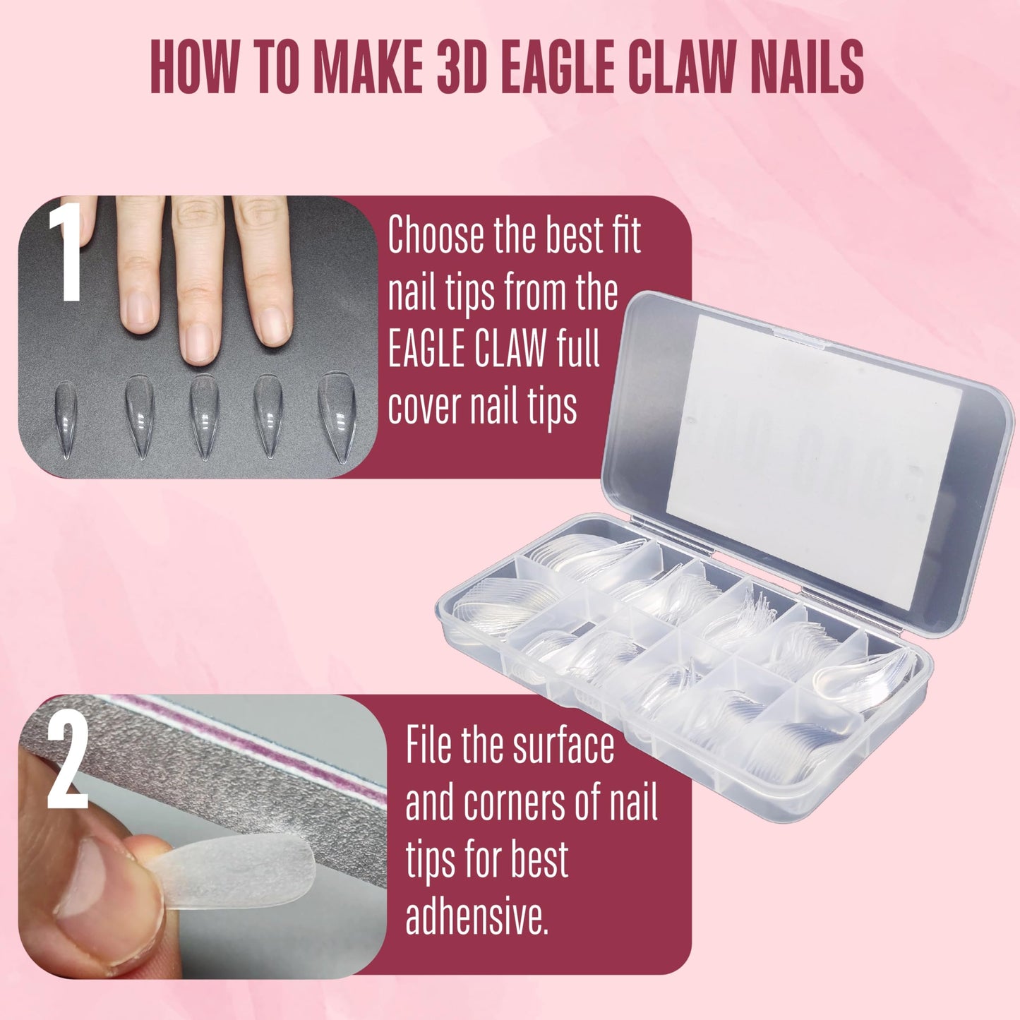 NOVO OVO 3D Eagle Claw nails kit, 1 Full Cover Curved Stiletto Nail tips (120pcs) with 2 Solid Sulpture Gel Glue (20ml each), to Make Press on x Extension Acrylic Hawk Raptor Sharp Fake Cosplay Nails