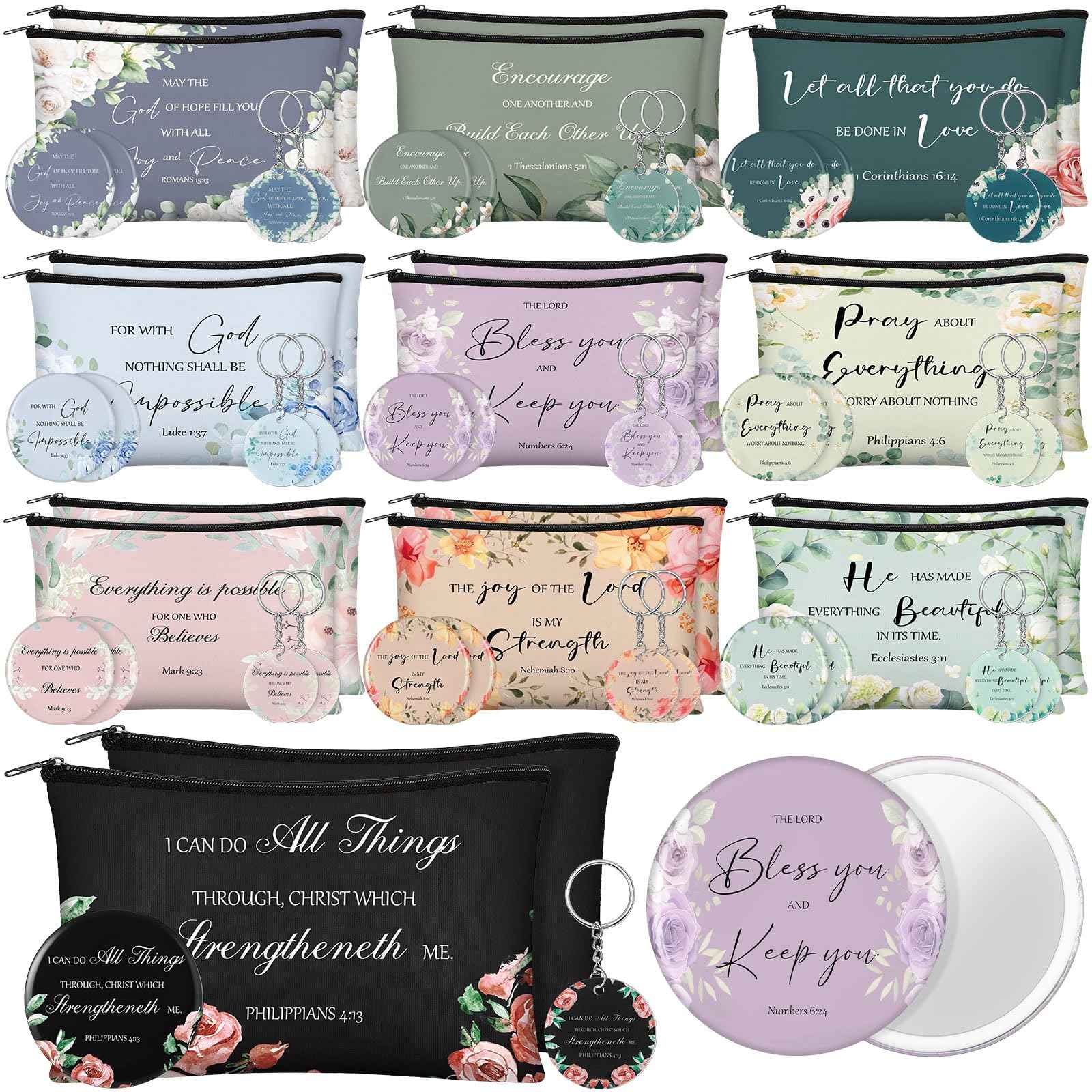 Dansydaisy 60 Pcs Christian Gifts for Women Religious Gifts Include 20 Canvas Makeup Bags 20 Bible Verse Mini Mirror 20 Inspirational Bible Keychains Church Favors for Women Mother Sister(Classic)