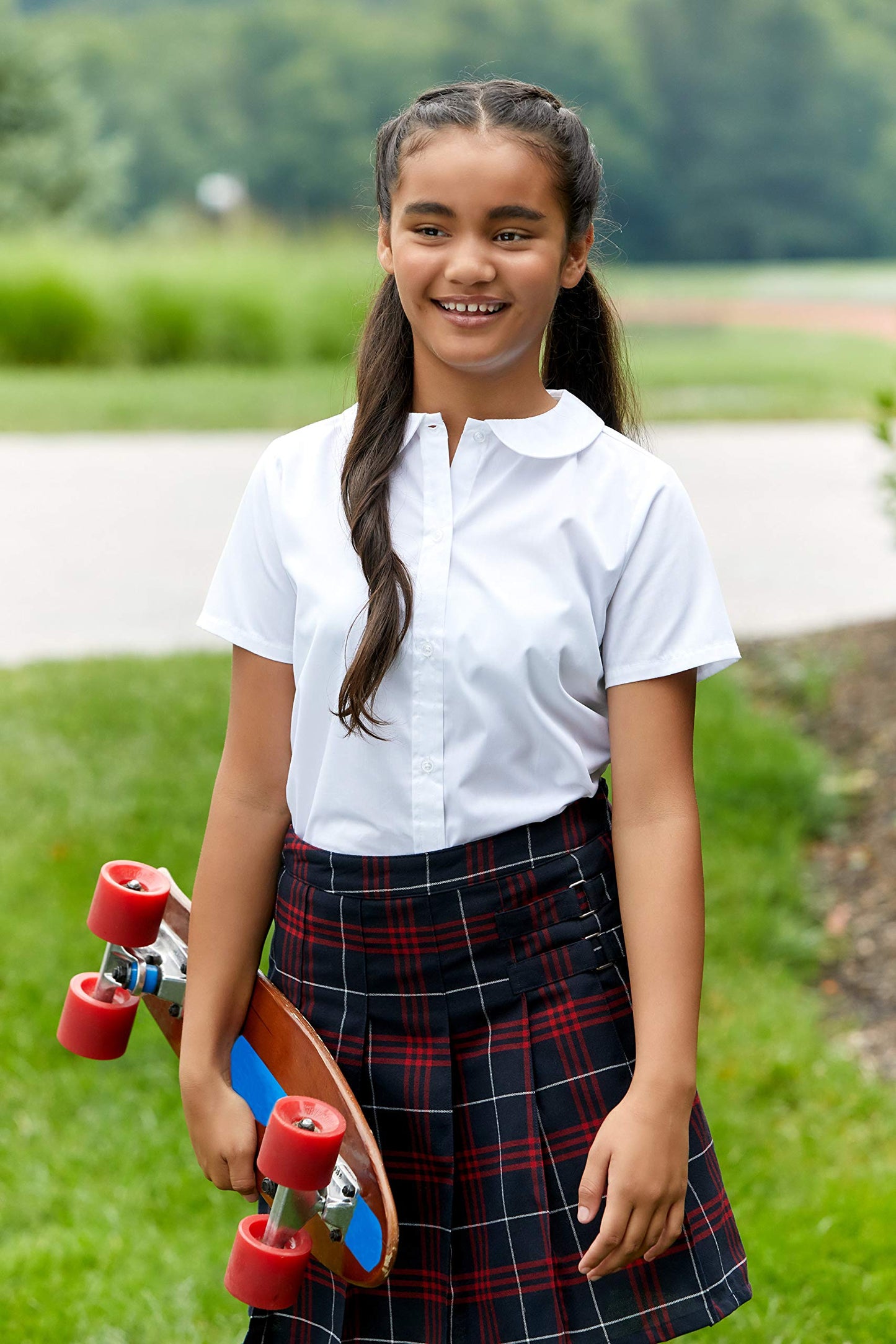 French Toast Girls' Plaid Two-Tab Scooter skirt, Navy Red Plaid, 4,Little Girls