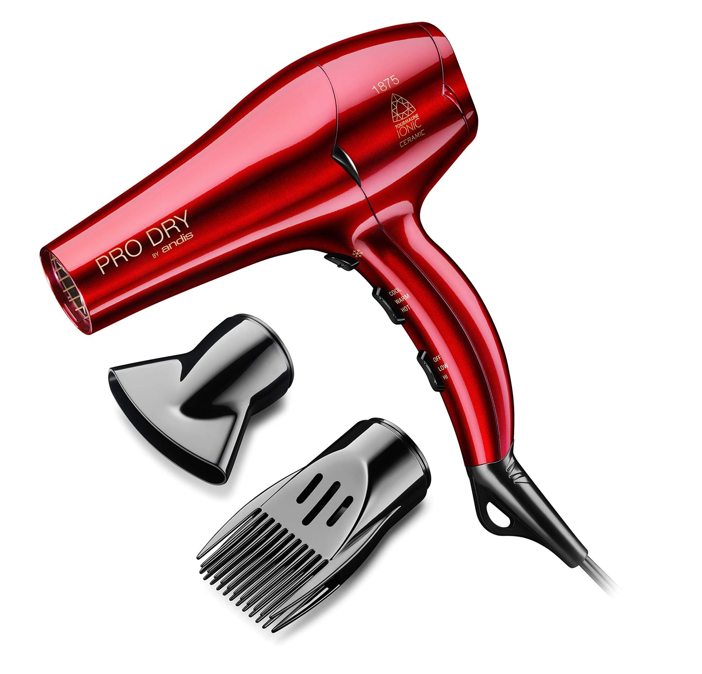 Andis 30245 1875W Tourmaline Ceramic Ionic Pro Dry Professional Hair Dryer with 3 Heat Settings/2 Speed Settings- Red