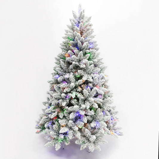 Pre-Lit Christmas Tree Artificial Snow Flocked Pine Tree Warm-White & Multicolored Lights, 8 Mode Functions,Metal Base,Home, Party Decoration 5FT