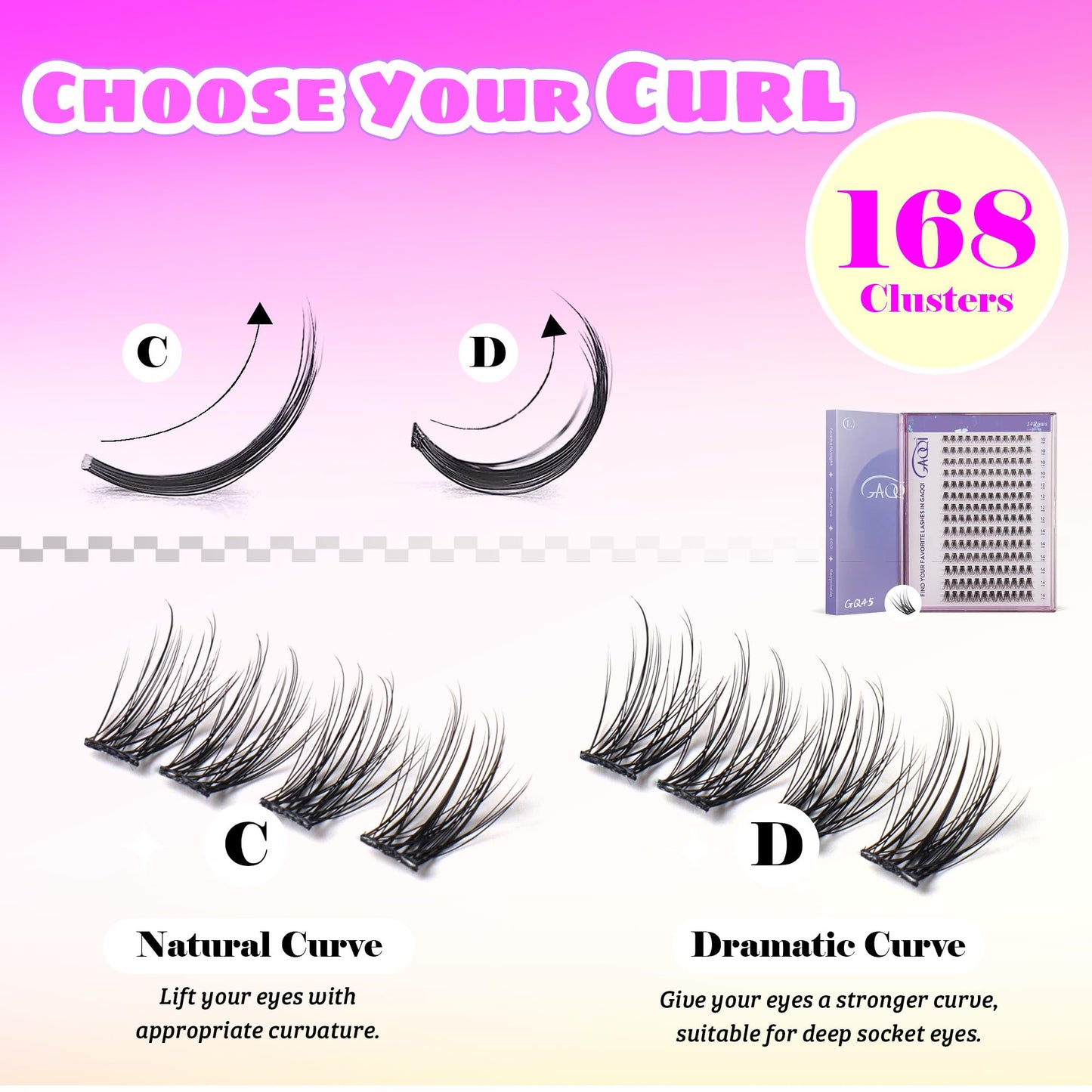 GAQQI Lash Clusters, GQ20 Individual Lashes 168pcs C Curl, DIY Lash Extension 10-16mm Mixed Length False Eyelash Clusters, Wispy and Natural Lash Wisps (GQ20,C Curl,10-16mm)