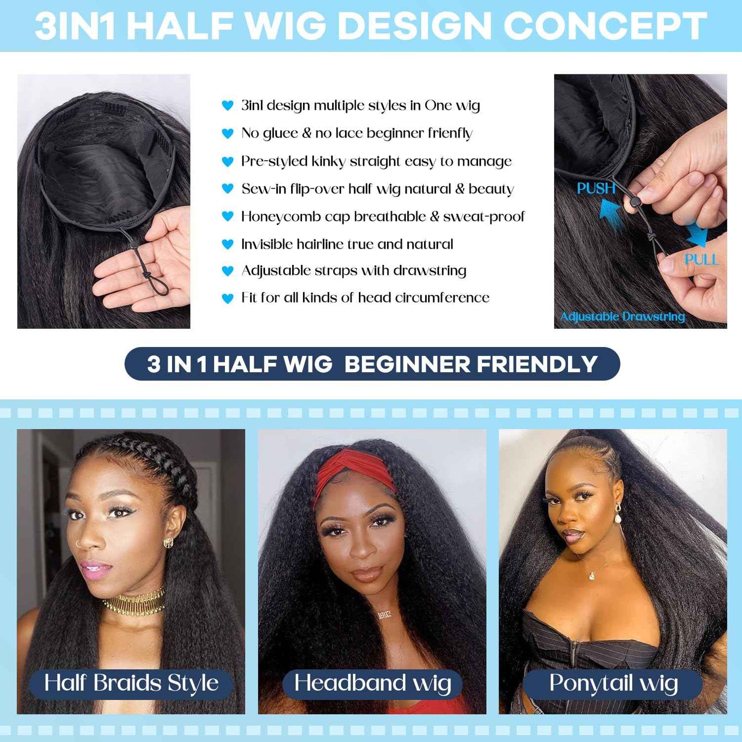 Prosa Kinky Straight synthetic Hair Half Wig, 3-in-1 Glueless Clip In Drawstring Headband Wig, Seamless Flip Over Style for Women 1B (22inch)