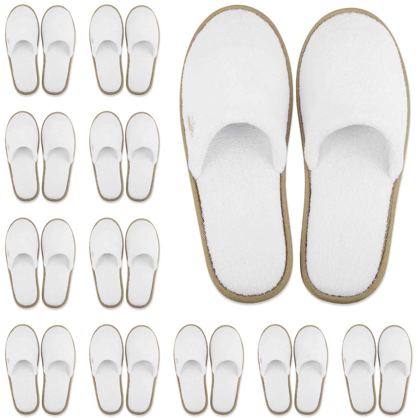 BERGMAN KELLY Spa Slippers, Closed Toe (Medium, 12 Pairs, White + Cocoa Trim), Disposable Indoor Hotel Slippers for Men and Women, Fluffy Coral Fleece, Deluxe Padded Sole for Extra Comfort
