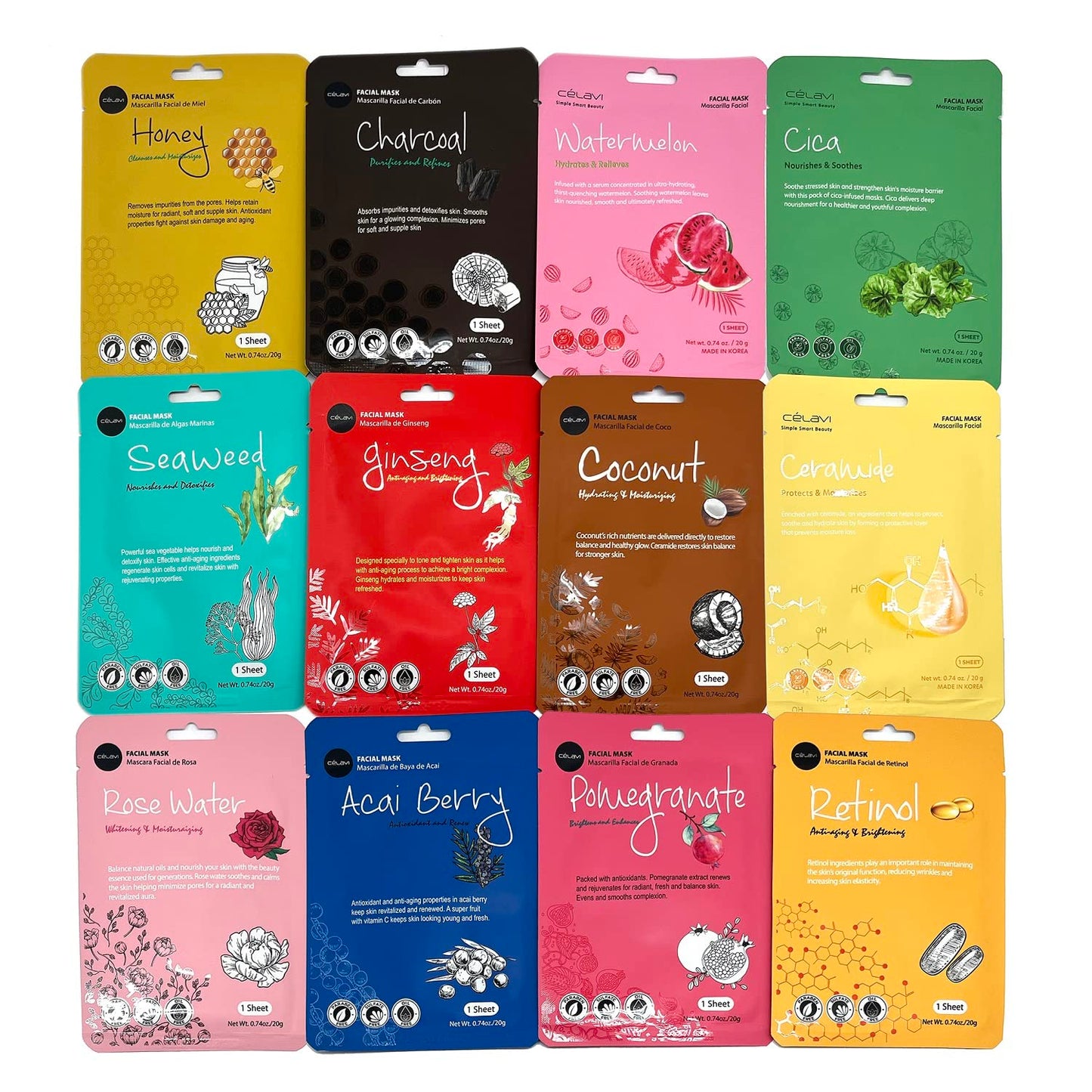 Celavi K-Beauty Skincare Essence Facial Face Mask Korea Skin Care Moisturizing B Set 12 Pack