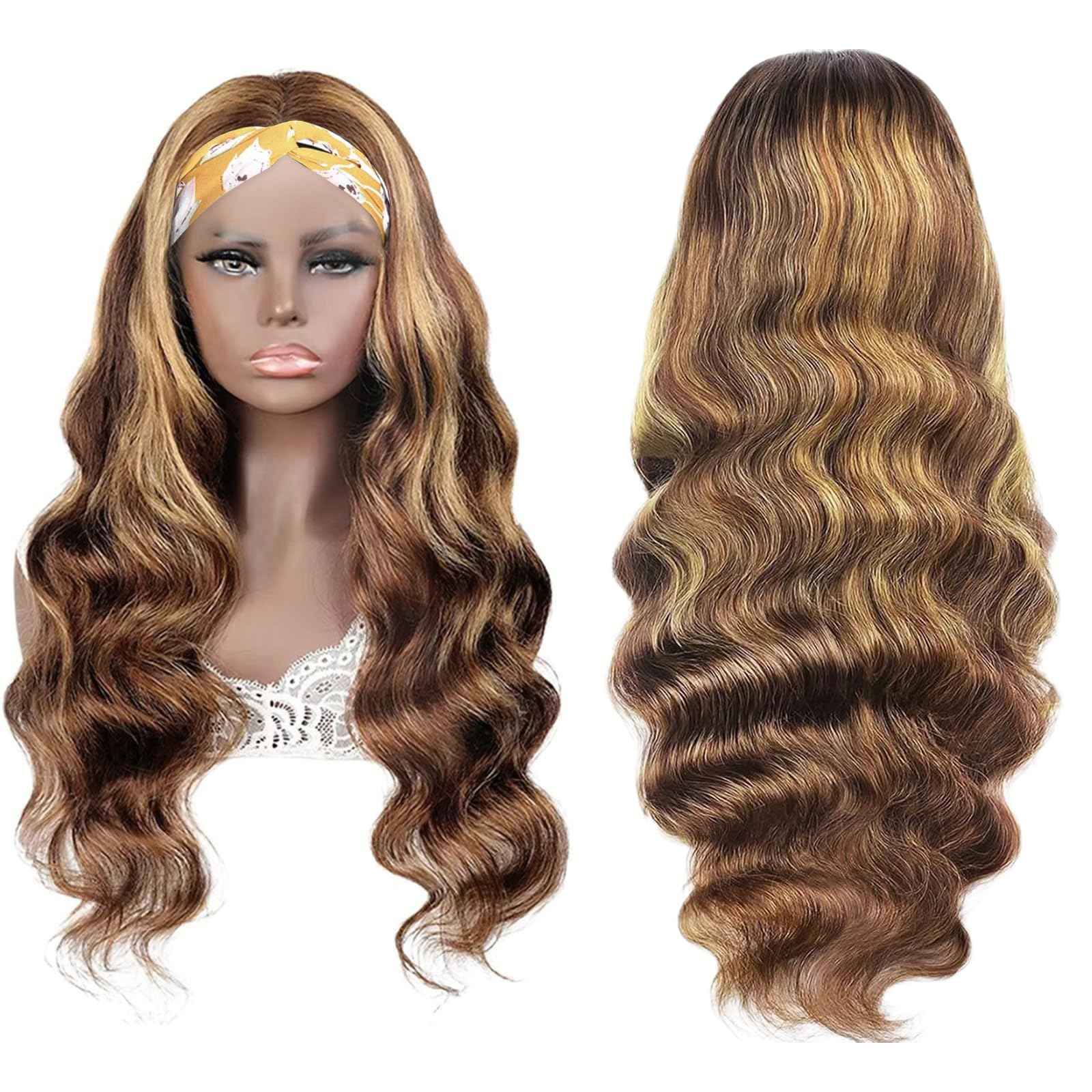 Highlight Ombre Headband Wig Human Hair 4/27 Highlight Body Wave Wigs Human Hair for Black Women Wear and Go Glueless None Lace Front Wigs Brazilian Virgin Headband Wig Human Hair 12 Inch