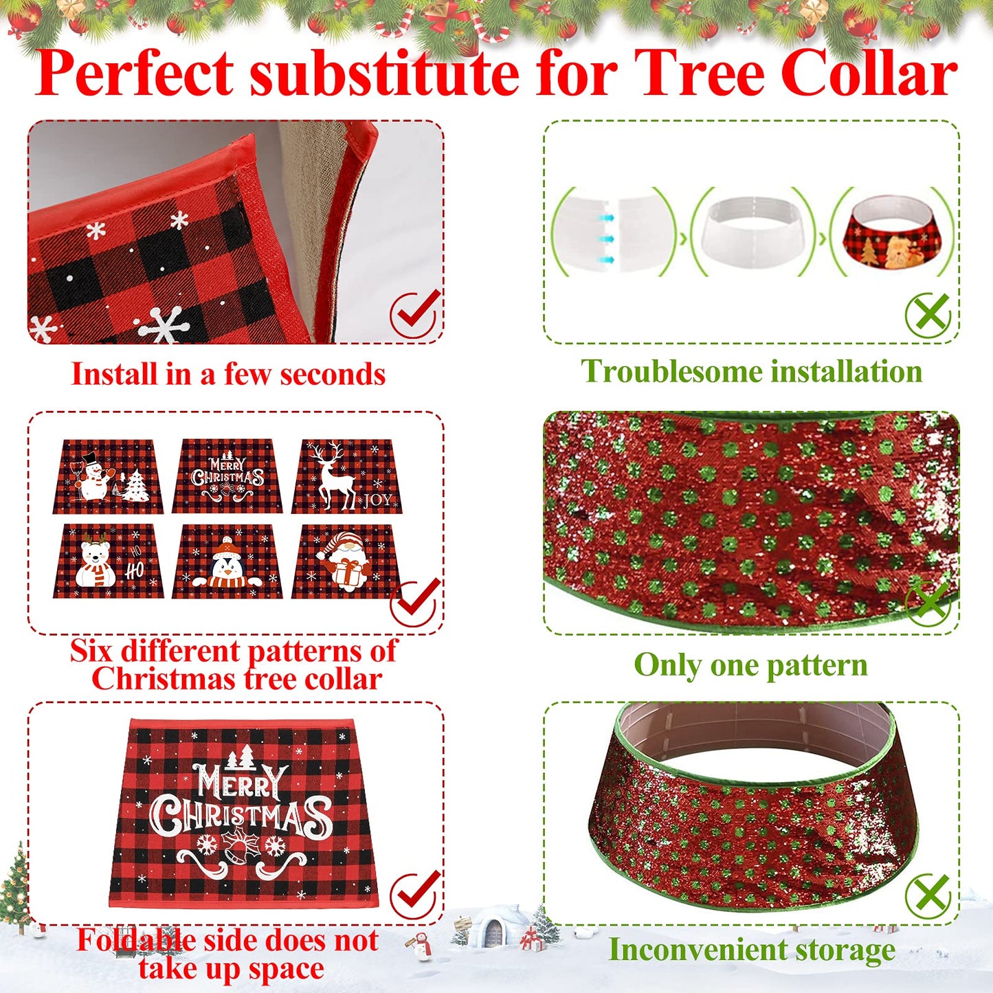 OurWarm Buffalo Plaid Christmas Tree Collars for Artificial Trees, 31 Inches Hexagon Christmas Tree Ring with 6 Patterns, Black and Red Christmas Tree Skirt for Xmas Tree Decorations Holiday Party