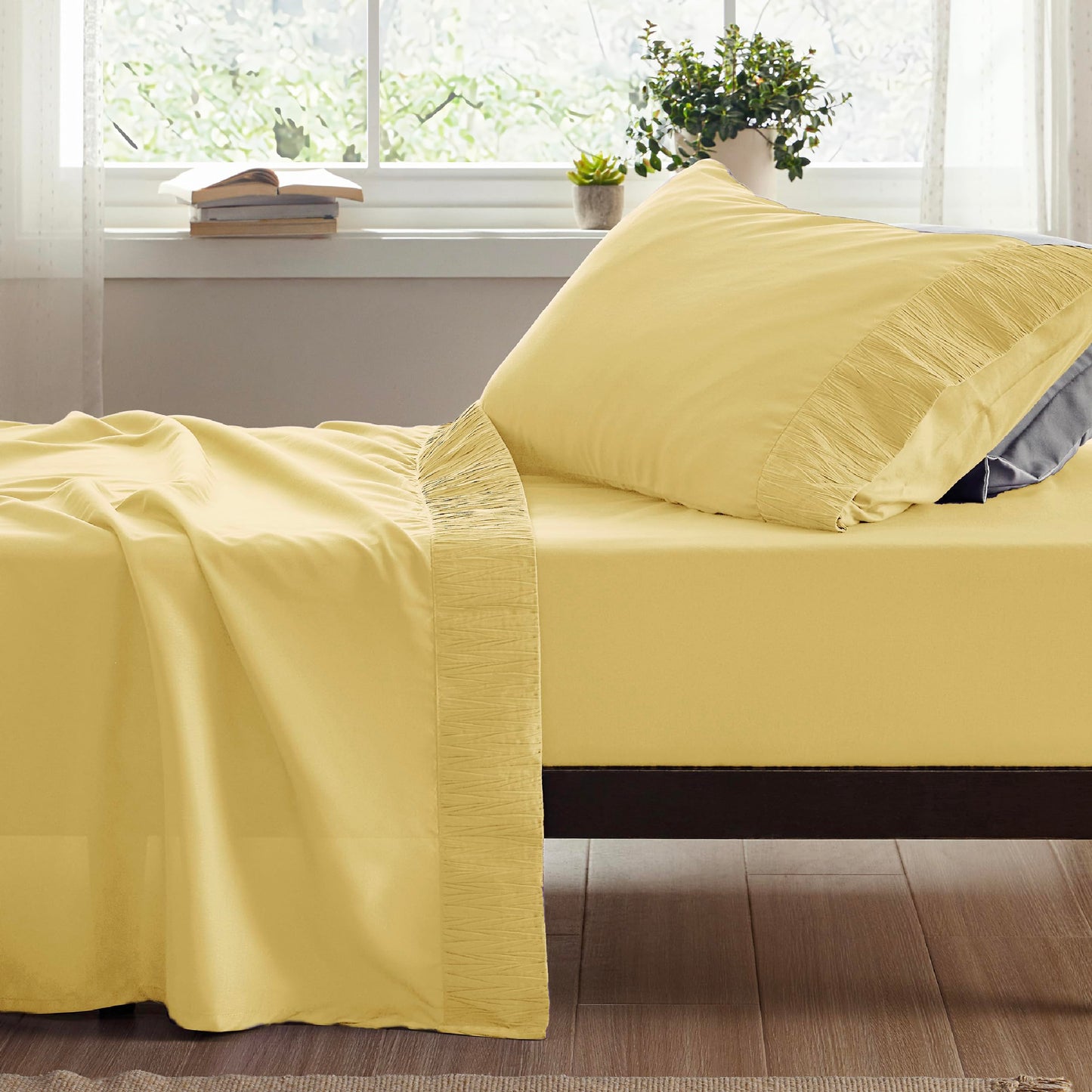 Bedsure Twin Sheets Set - Soft Twin Bed Sheets, 3 Pieces Hotel Luxury Yellow Sheets Twin, Easy Care Polyester Microfiber Cooling Bed Sheet Set