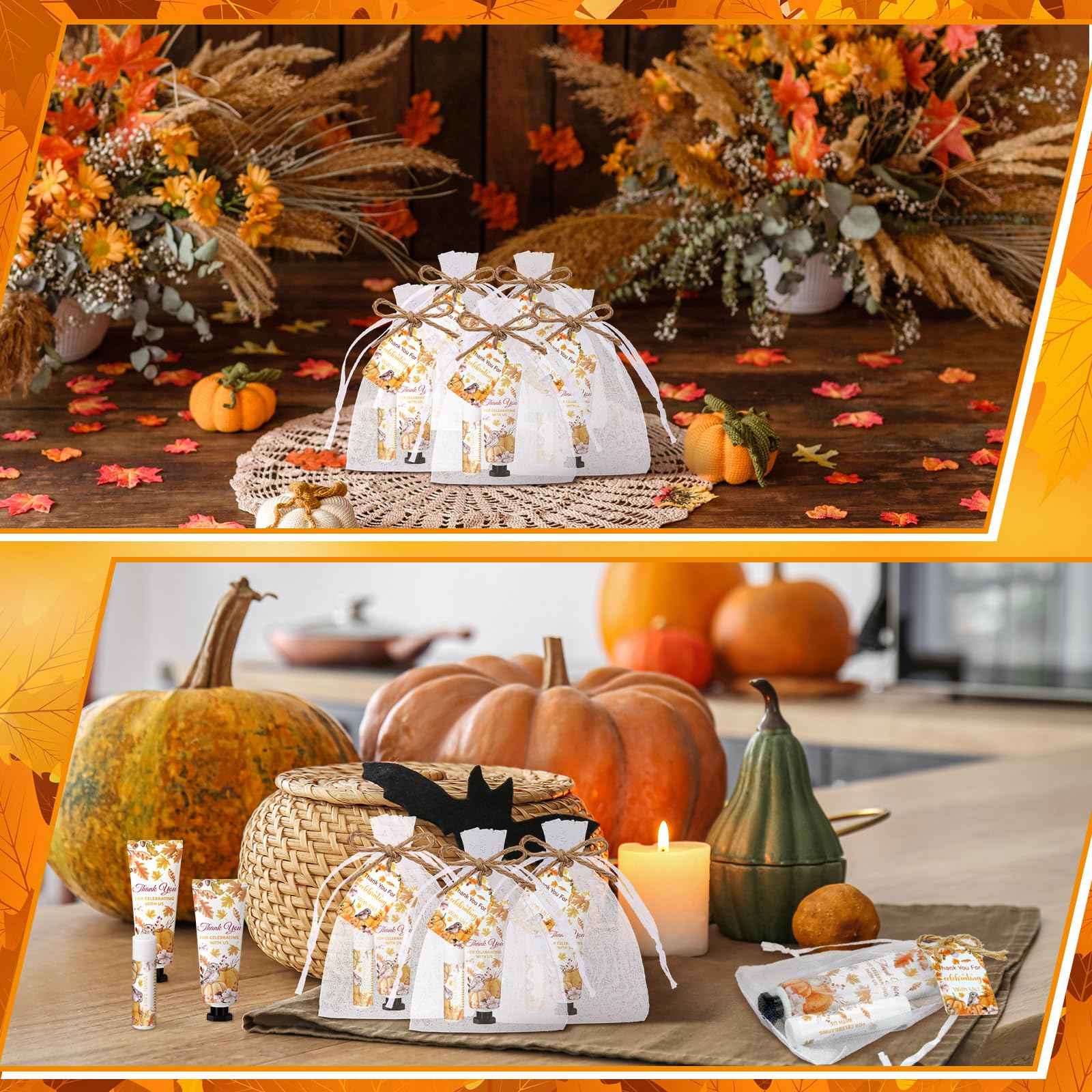Swiffen 48 Sets 192 Pcs Thanksgiving Pumpkin Hand Cream and Lip Balm Fall Party Favors Gifts for Guests Pumpkin Bridal Baby Shower Wedding Party Favor with Thank You Card Organza Bags Travel Size