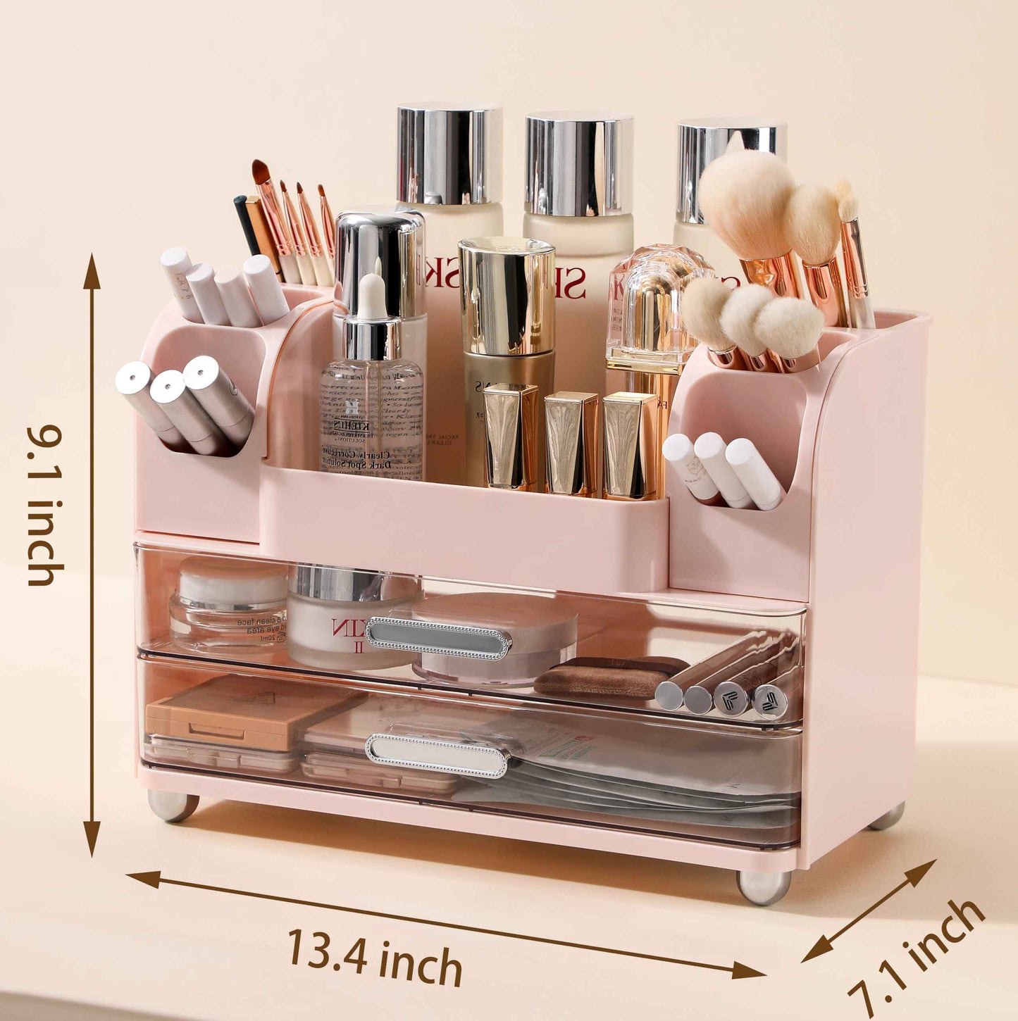 Anyoifax Makeup Organizer Countertop with Large Drawers, Vanity Organizer with Brush Holder, Skin Care Storage for Dresser, Perfume Organizer for Lotion, Lipsitck, Palette, Light Pink